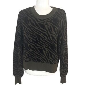 Marissa Webb Olive Green Black Zebra Print Knit Sweater Womens M Wool Blend